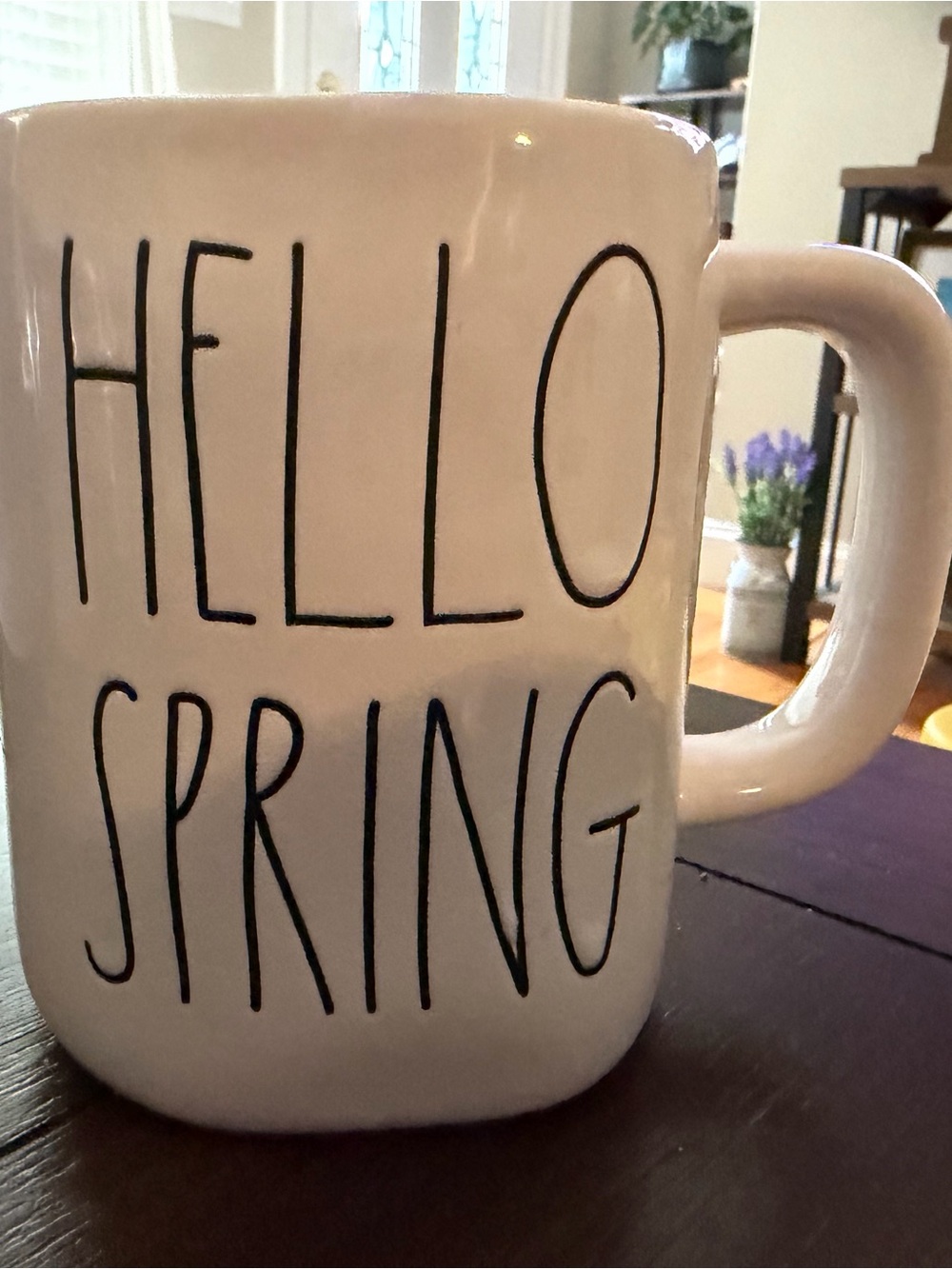Rae Dunn White Hello Spring Mug with Black Lettering
